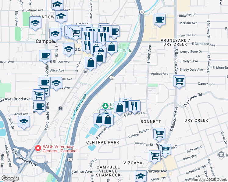 map of restaurants, bars, coffee shops, grocery stores, and more near 88 La Paz Way in Campbell