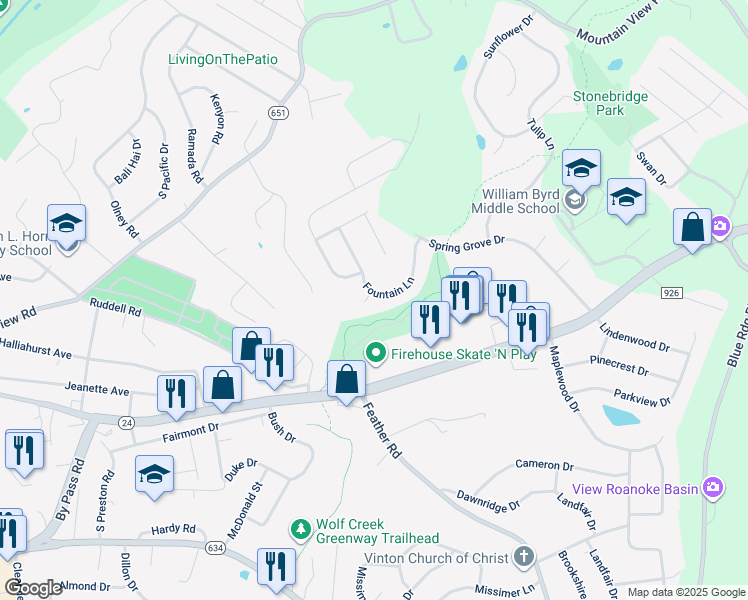 map of restaurants, bars, coffee shops, grocery stores, and more near 2604 Meadow Springs Circle in Vinton