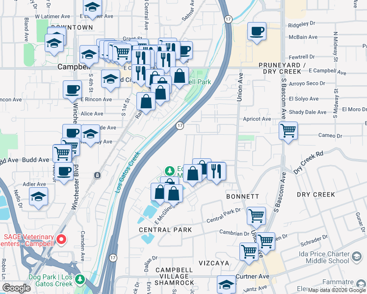 map of restaurants, bars, coffee shops, grocery stores, and more near 88 La Paz Way in Campbell