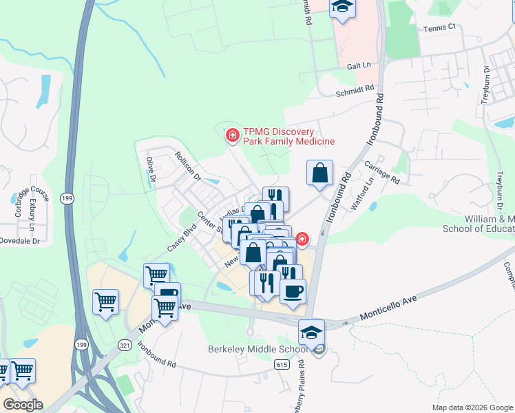 map of restaurants, bars, coffee shops, grocery stores, and more near 4319 Eleanors Way in Williamsburg