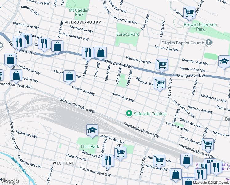 map of restaurants, bars, coffee shops, grocery stores, and more near 1431 Gilmer Avenue Northwest in Roanoke