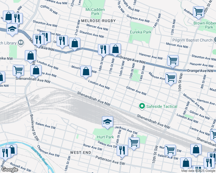 map of restaurants, bars, coffee shops, grocery stores, and more near 1625 Loudon Avenue Northwest in Roanoke