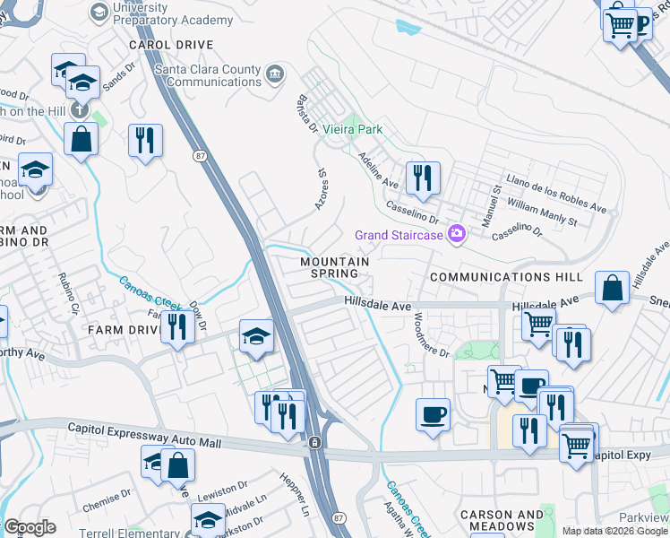 map of restaurants, bars, coffee shops, grocery stores, and more near 3110 Heather Ridge Drive in San Jose