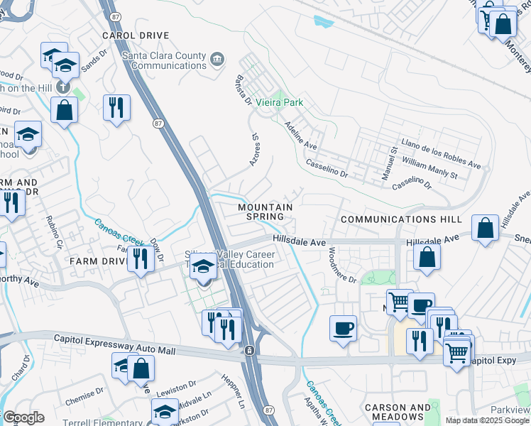 map of restaurants, bars, coffee shops, grocery stores, and more near 3110 Heather Ridge Drive in San Jose