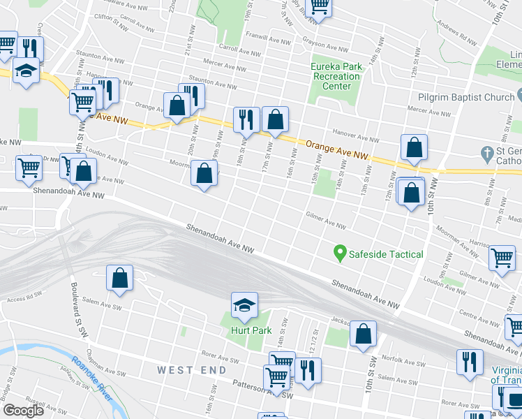 map of restaurants, bars, coffee shops, grocery stores, and more near 1621 Loudon Avenue Northwest in Roanoke