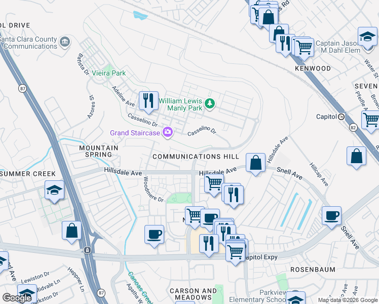 map of restaurants, bars, coffee shops, grocery stores, and more near 3415 Vittoria Place in San Jose