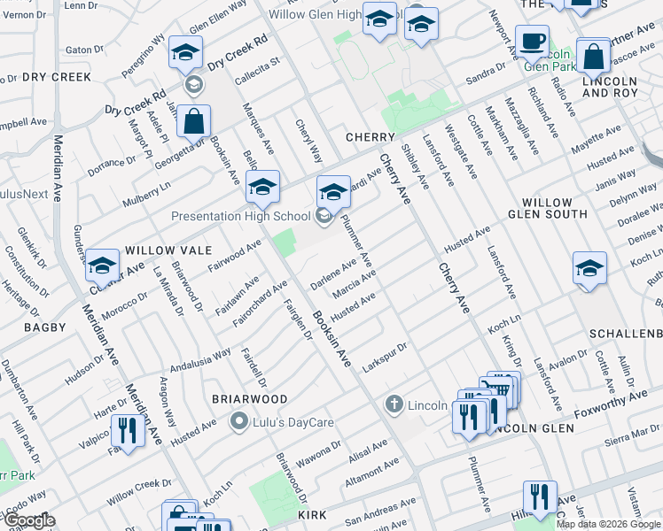 map of restaurants, bars, coffee shops, grocery stores, and more near 1584 Darlene Avenue in San Jose