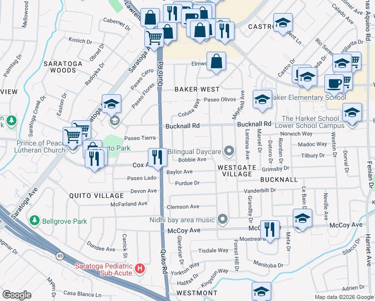 map of restaurants, bars, coffee shops, grocery stores, and more near 2248 Arleen Way in San Jose