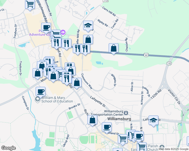 map of restaurants, bars, coffee shops, grocery stores, and more near 101 Windsor Lane in Williamsburg