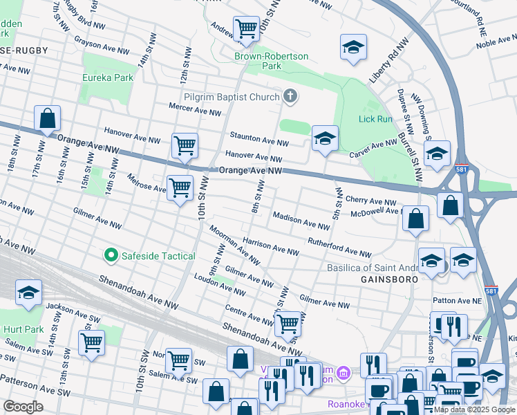 map of restaurants, bars, coffee shops, grocery stores, and more near 721 Rutherford Avenue Northwest in Roanoke