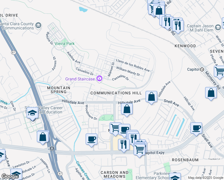 map of restaurants, bars, coffee shops, grocery stores, and more near 303 Mullinix Way in San Jose