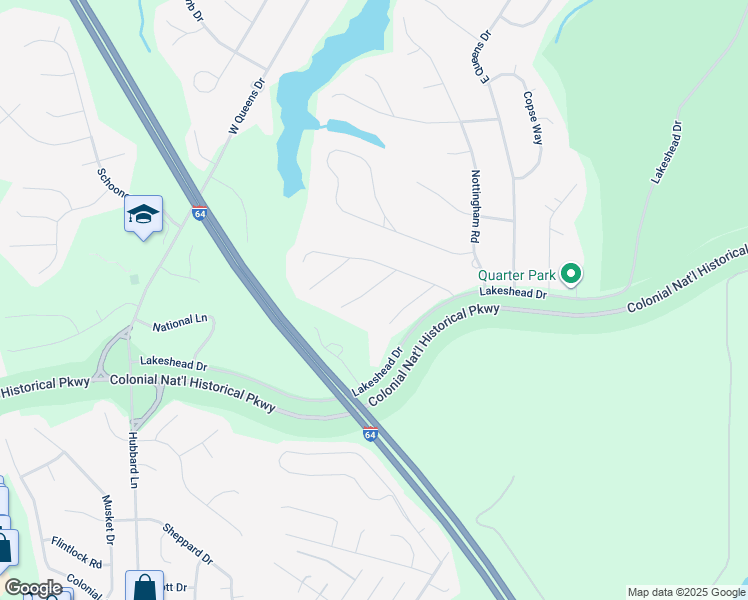 map of restaurants, bars, coffee shops, grocery stores, and more near 107 Cambridge Lane in Williamsburg