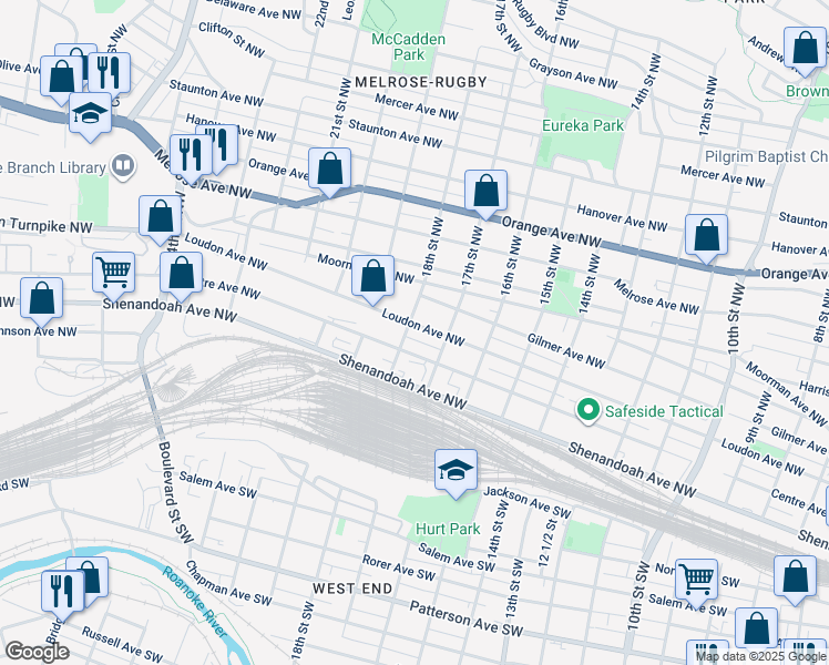 map of restaurants, bars, coffee shops, grocery stores, and more near 1726 Loudon Avenue Northwest in Roanoke