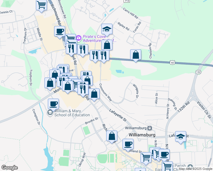 map of restaurants, bars, coffee shops, grocery stores, and more near 103 Stratford Drive in Williamsburg
