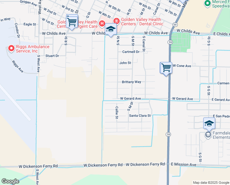 map of restaurants, bars, coffee shops, grocery stores, and more near 707 Marcelina Court in Merced