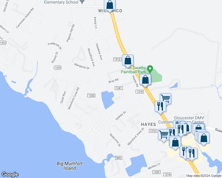 map of restaurants, bars, coffee shops, grocery stores, and more near 2550 Cedarwood Drive in Gloucester Point