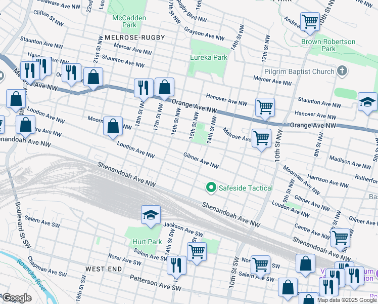 map of restaurants, bars, coffee shops, grocery stores, and more near 1431 Gilmer Avenue Northwest in Roanoke