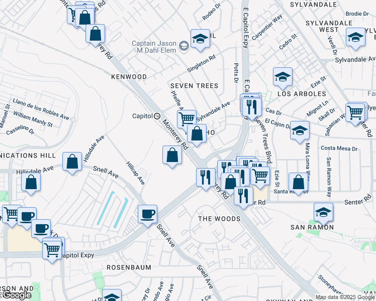 map of restaurants, bars, coffee shops, grocery stores, and more near Monterey Road & Rancho Drive in San Jose