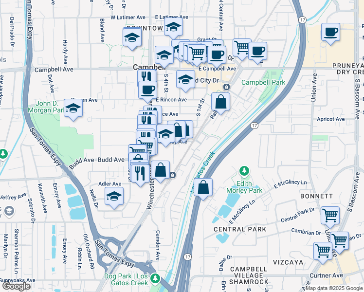 map of restaurants, bars, coffee shops, grocery stores, and more near 400 Industrial Street in Campbell