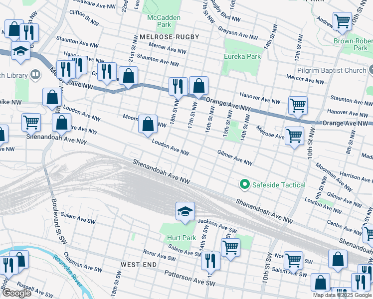 map of restaurants, bars, coffee shops, grocery stores, and more near 1625 Loudon Avenue Northwest in Roanoke