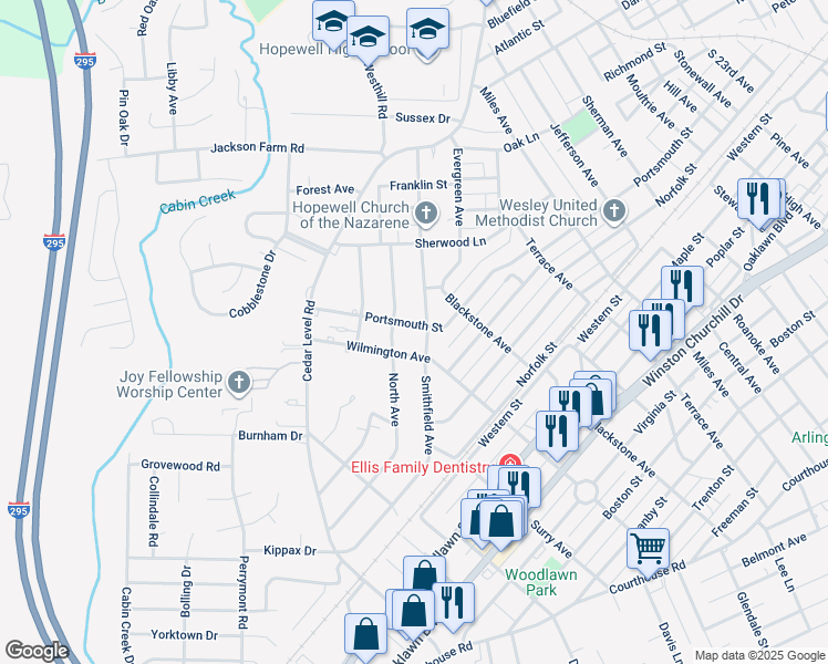 map of restaurants, bars, coffee shops, grocery stores, and more near 3402 Portsmouth Street in Hopewell