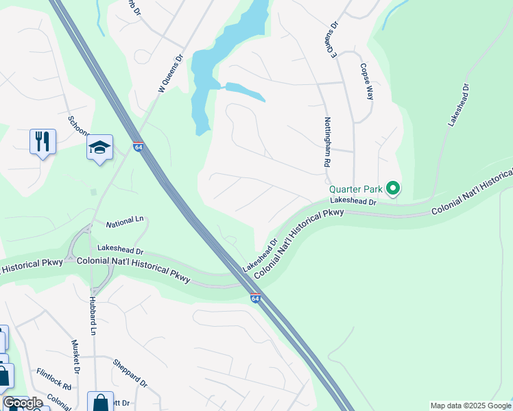 map of restaurants, bars, coffee shops, grocery stores, and more near 107 Cambridge Lane in Williamsburg