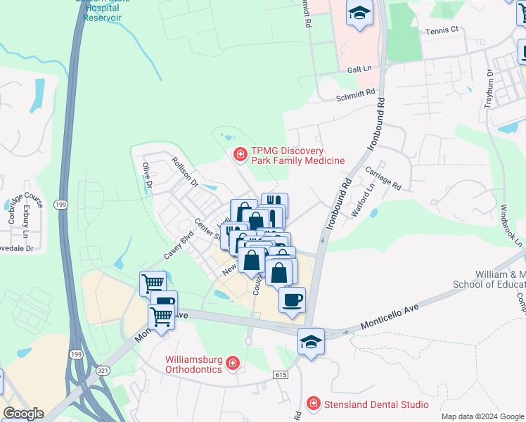map of restaurants, bars, coffee shops, grocery stores, and more near 5357 Discovery Park Boulevard in Williamsburg