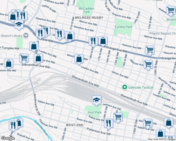 map of restaurants, bars, coffee shops, grocery stores, and more near 1726 Loudon Avenue Northwest in Roanoke