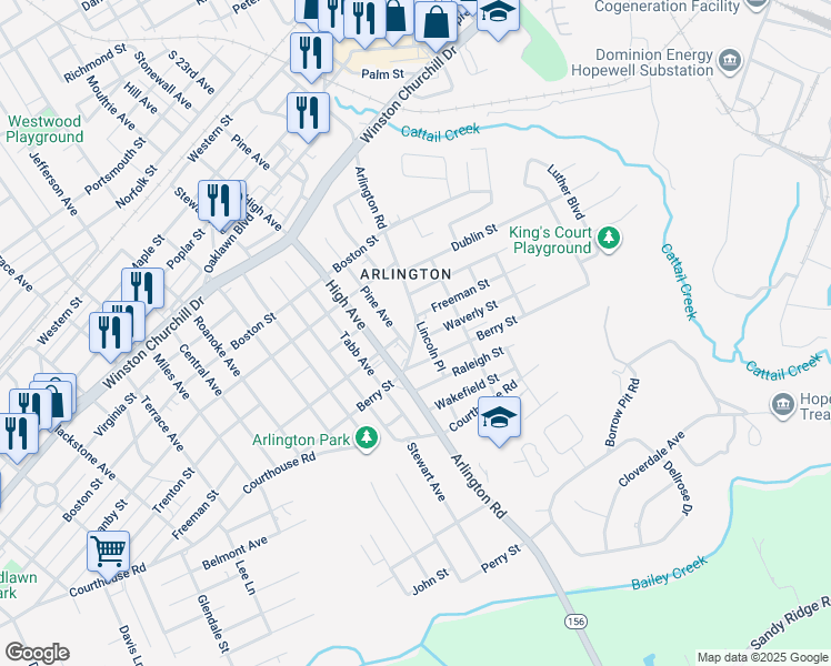 map of restaurants, bars, coffee shops, grocery stores, and more near Arlington Road in Hopewell