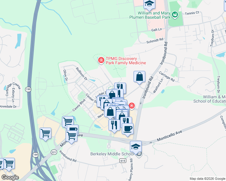 map of restaurants, bars, coffee shops, grocery stores, and more near 4319 Eleanors Way in Williamsburg