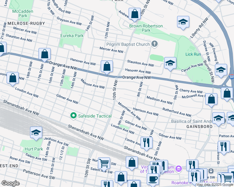 map of restaurants, bars, coffee shops, grocery stores, and more near 931-999 Moorman Avenue Northwest in Roanoke