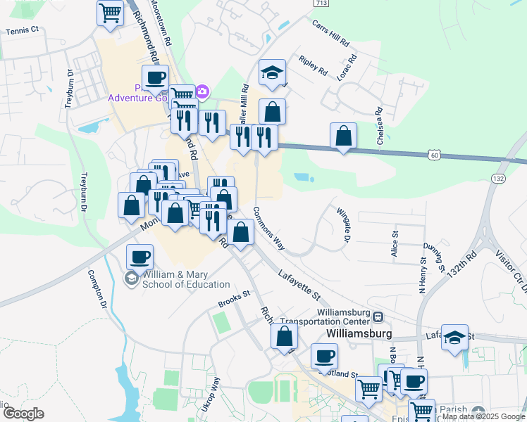 map of restaurants, bars, coffee shops, grocery stores, and more near 101 Stratford Drive in Williamsburg