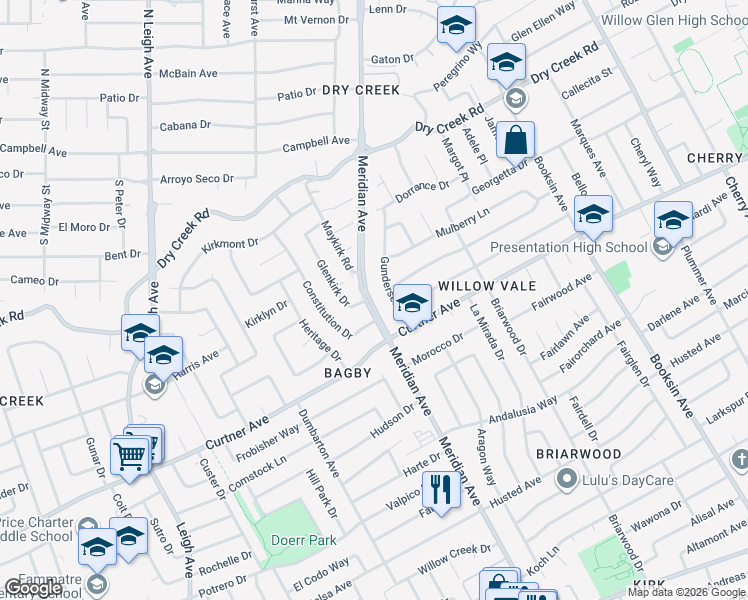 map of restaurants, bars, coffee shops, grocery stores, and more near 2316 Meridian Avenue in San Jose