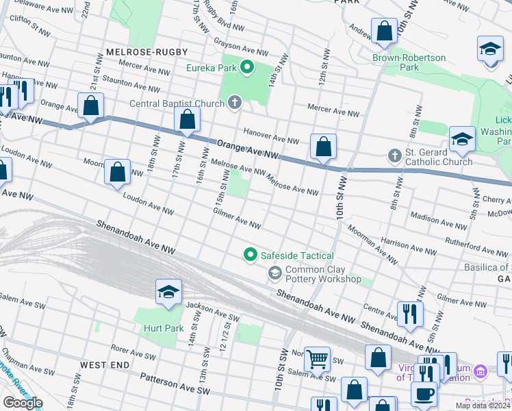 map of restaurants, bars, coffee shops, grocery stores, and more near 1318 Moorman Avenue Northwest in Roanoke