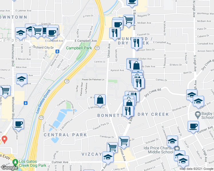 map of restaurants, bars, coffee shops, grocery stores, and more near 386 Union Avenue in Campbell