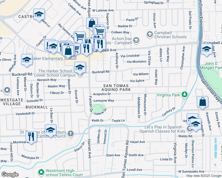 map of restaurants, bars, coffee shops, grocery stores, and more near 4072 Acapulco Drive in Campbell