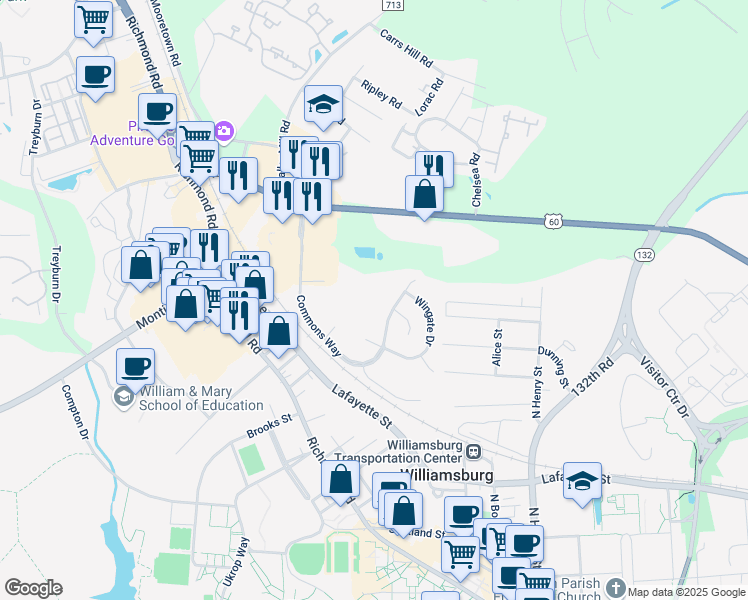map of restaurants, bars, coffee shops, grocery stores, and more near 104 Marshall Way in Williamsburg