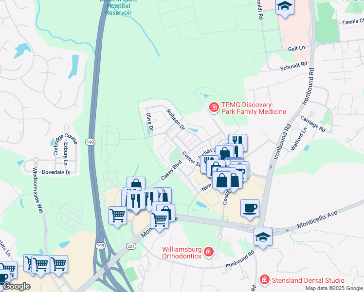 map of restaurants, bars, coffee shops, grocery stores, and more near 5416 Center Street in Williamsburg