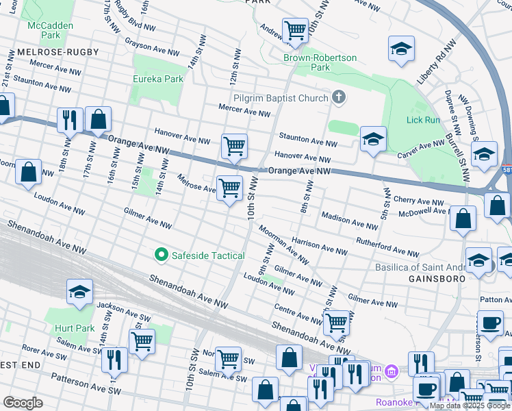 map of restaurants, bars, coffee shops, grocery stores, and more near 931-999 Moorman Avenue Northwest in Roanoke