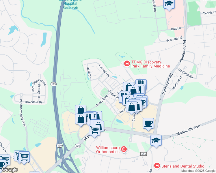 map of restaurants, bars, coffee shops, grocery stores, and more near 5416 Center Street in Williamsburg