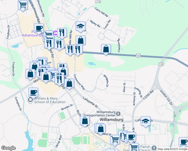 map of restaurants, bars, coffee shops, grocery stores, and more near 106 Marshall Way in Williamsburg