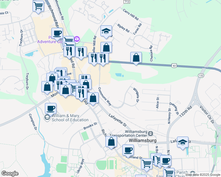 map of restaurants, bars, coffee shops, grocery stores, and more near 105 Stratford Drive in Williamsburg