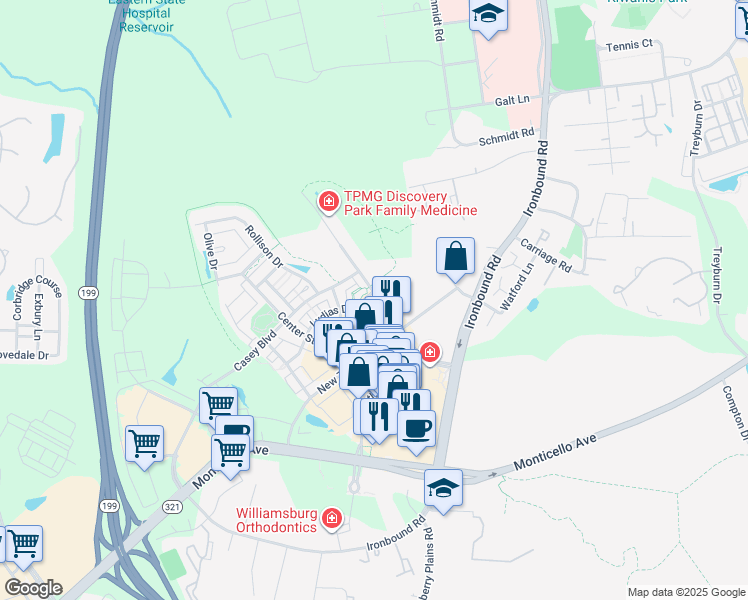map of restaurants, bars, coffee shops, grocery stores, and more near 4319 Eleanors Way in Williamsburg