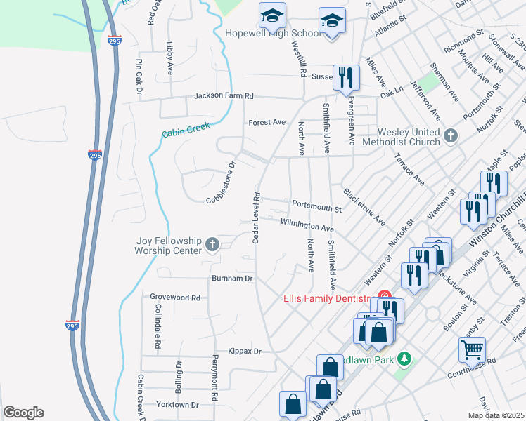 map of restaurants, bars, coffee shops, grocery stores, and more near 3611 Wilmington Avenue in Hopewell
