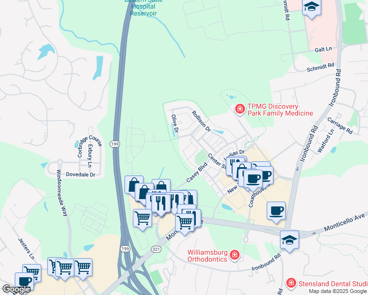 map of restaurants, bars, coffee shops, grocery stores, and more near 4322 Candace Lane in Williamsburg