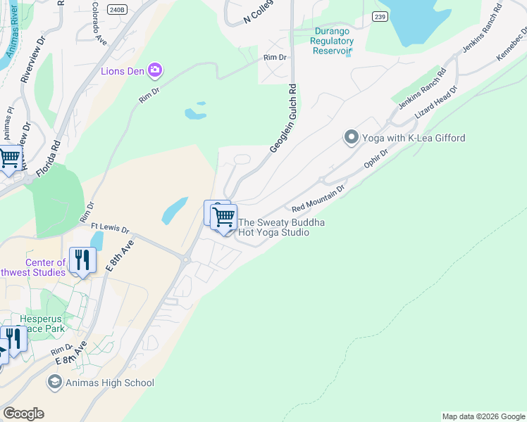 map of restaurants, bars, coffee shops, grocery stores, and more near 1-9 Molas Drive in Durango