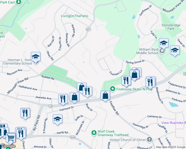 map of restaurants, bars, coffee shops, grocery stores, and more near 1773 Meadows Road in Vinton