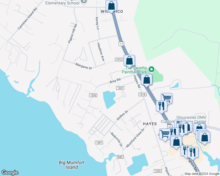map of restaurants, bars, coffee shops, grocery stores, and more near 2538 Cedarwood Drive in Gloucester Point
