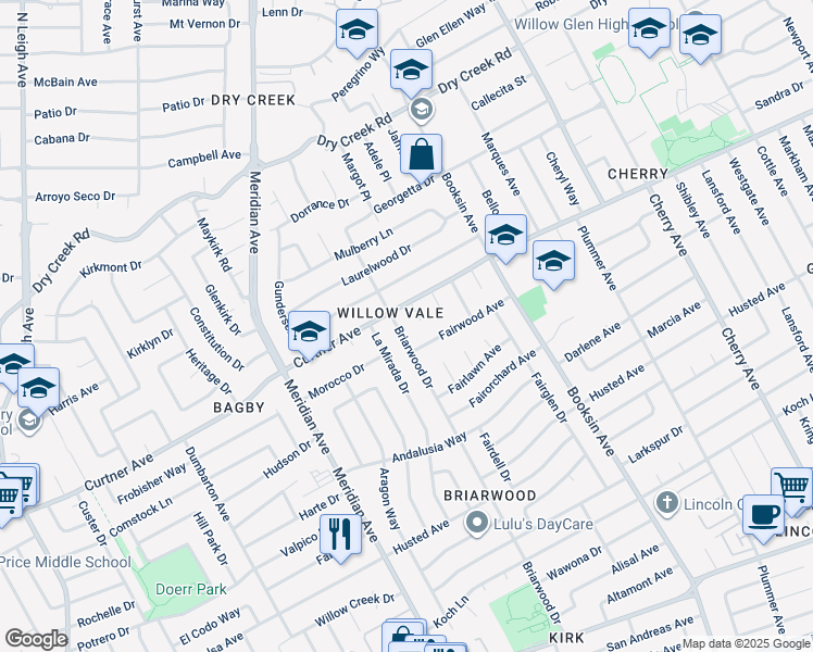 map of restaurants, bars, coffee shops, grocery stores, and more near 2380 Briarwood Drive in San Jose