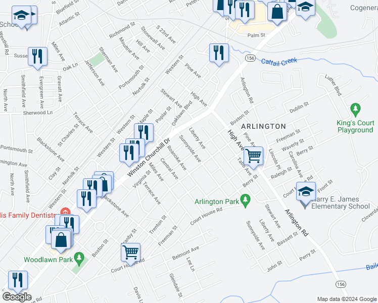 map of restaurants, bars, coffee shops, grocery stores, and more near 1106 Sunnyside Avenue in Hopewell